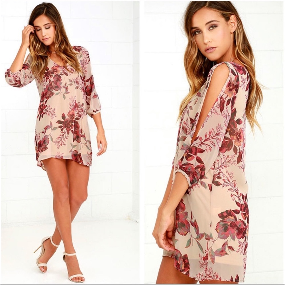 Lulus Shifting Dears Cutout Beige Floral Print Mini Dress Women’s Size Medium